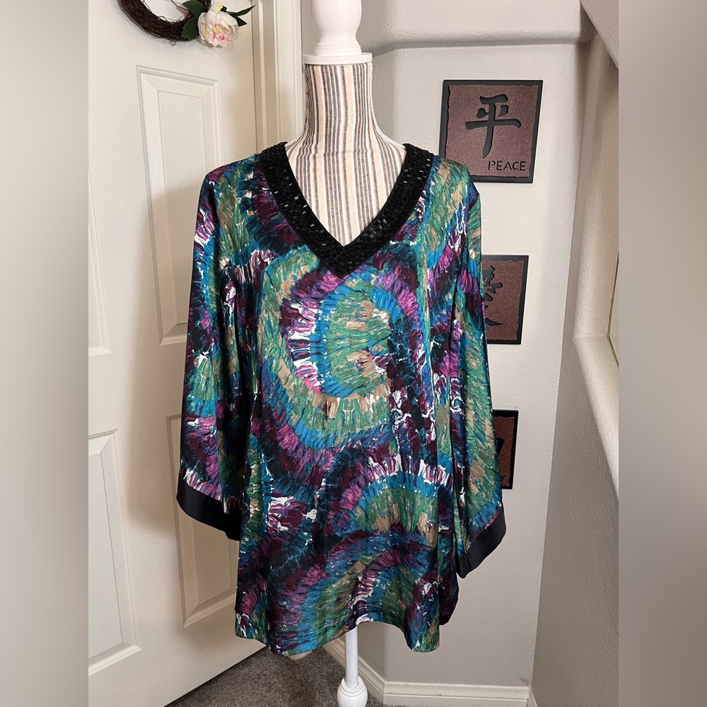 DANA BUCHMAN NWOT $54 ELECTRIC MIX LYONS BEADED BLOUSE TUNIC KIMONO SIZE XL